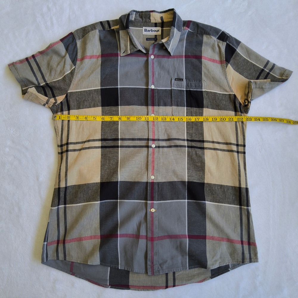 Barbour Button Down Shirt Mens Large Tartan Plaid Cotton Linen Tailored Fit READ - Picture 6 of 8